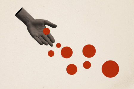 Composite creative image illustration template photo collage of human hand throw red circles in air isolated on white color backgroundの写真素材