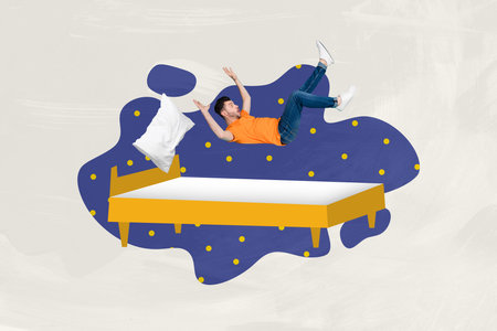 Composite trend artwork 3D sketch image photo collage of bed furniture room night time fall asleep pillow young man watch dreams fantasyの写真素材