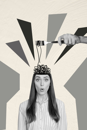 Composite artwork sketch image collage of outdoors monochrome young lady half head open stand shocked brain mess hand hold fork doodle eatの写真素材