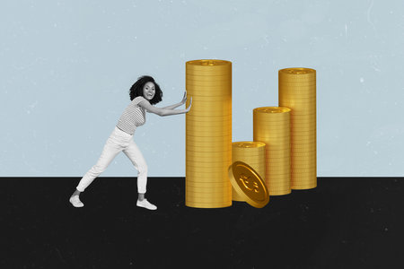 Trend artwork composite sketch image photo collage of workspace young rich woman walk step pull push earn huge pile coins money usd goldの写真素材