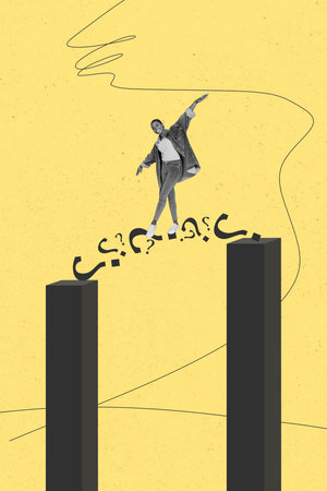 Composite trend artwork sketch photo collage of doodle picture black white silhouette young woman walk keep balance question plankの写真素材