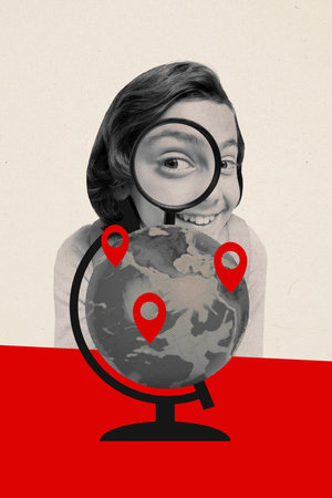 Composite collage image of funny schoolboy globe geolocation pgs location knowledge geography study billboard comics zine minimalの写真素材