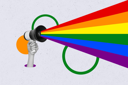 Collage human hand body fragment bullhorn loudspeaker lgbt concept support community diversity gender choice parade proclaim rightsの写真素材