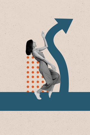 Vertical photo collage of excited business girl dance career promotion arrow development progress...