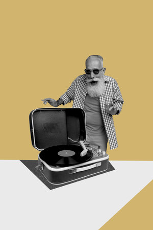 Vertical collage image elder pensioner man gramophone player audio disco record vintage device party drawing backgroundの写真素材