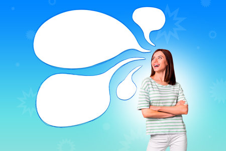 Creative picture image collage of happy girl with crossed hands thinking speak text box on blue...