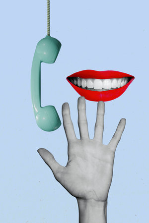 Creative vertical collage human hand palm wrist call center woman lips mouth face fragment smile telephone call landline customer supportの写真素材