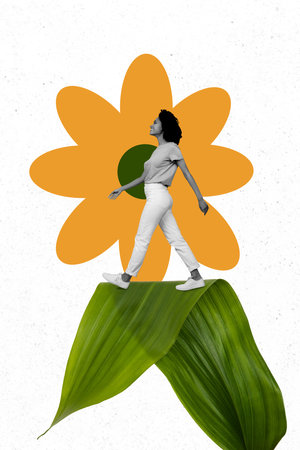 Vertical poster collage young cheerful girl walk confident step flower green fresh leaf plant flora...