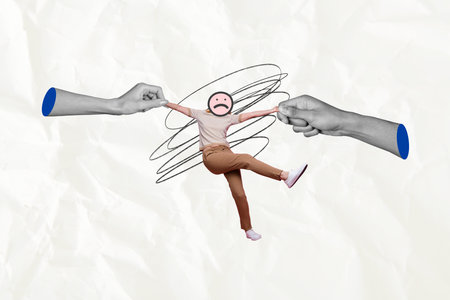Creative collage 3d hands hold man emoticon sad face expression headless body drawing doodles...