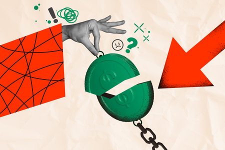 Creative collage picture human hand pick take coin collapse break inflation crisis economy devaluation bankruptcy arrow loss decreaseの写真素材