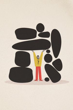 Creative trend collage of funny little man building stones solve problem question mark weird freak bizarre unusual fantasyの写真素材