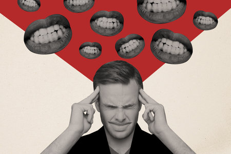 Composite artwork collage image picture of black white effect guy headache talking mouth isolated on creative backgroundの写真素材