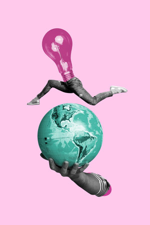 Creative trend collage of hands hold planet earth running female electric bulb travelling agency weird freak bizarre unusual fantasyの写真素材
