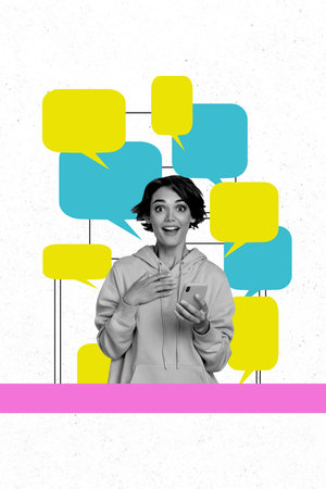 Vertical collage young amazed shocked cheerful girl textboxes communication phrase speech forum...