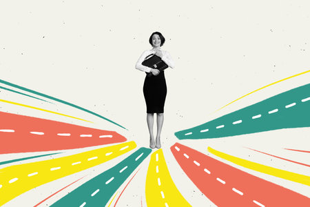 Creative trend collage of funny female worker businesswoman career path opportunities excited bizarre unusual fantasy billboardの写真素材