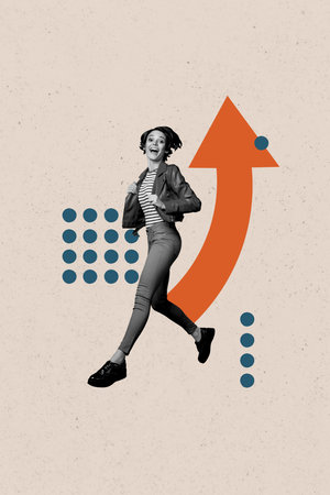 Vertical photo collage of excited business girl run career promotion arrow development progress statistics isolated on painted backgroundの写真素材