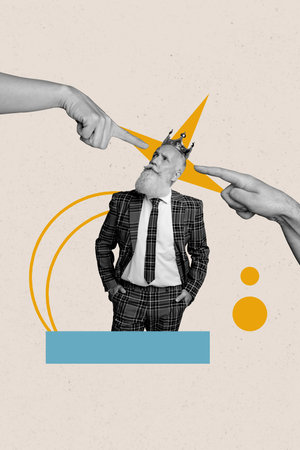 Vertical collage picture image elder man finger gesture arms pointing crown royal headwear narcissism grandfather drawing backgroundの写真素材