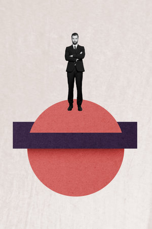 Collage image artwork of handsome confident man crossed arms boss big company isolated on drawing backgroundの写真素材