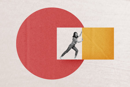 Collage image artwork picture of strong funny girl push heavy hard object cube isolated on drawing backgroundの写真素材