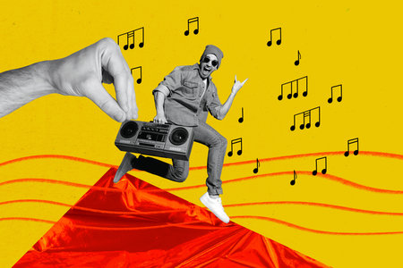 Creative photo collage image young energetic young man hipster fan rock n roll audio boombox hand pick take player drawing backgroundの写真素材