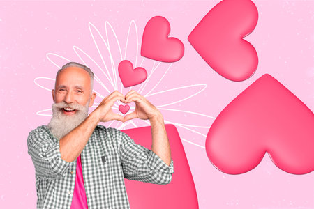 Poster banner collage picture of old happy man make heart symbol on pink color backgroundの写真素材