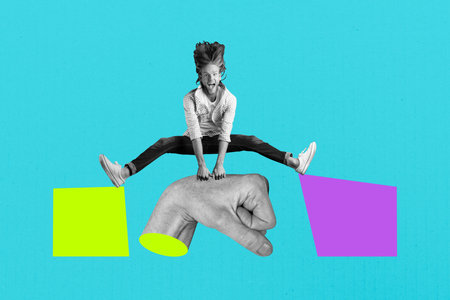 Creative collage picture young crazy man jump 3d hand body fragment fist kick punch weird bizarre...