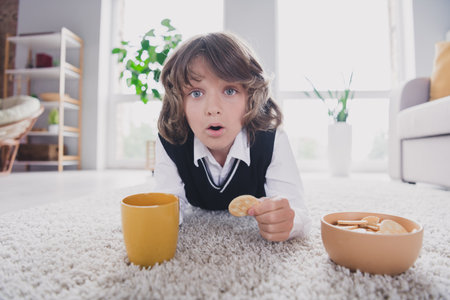 Portrait of adorable charming boy schoolchild lying home living room fluffy carpet weekend apartment indoorsの写真素材