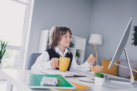 Portrait of cute adorable boy schoolkid sit chair desktop listen video lesson courses distance...