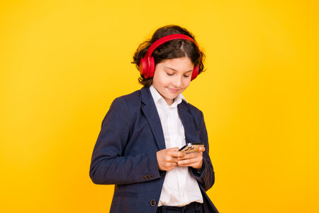 Photo portrait of little pupil boy headphones hold device wear trendy uniform isolated on yellow color backgroundの写真素材