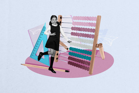 Composite photo collage of dissatisfied schoolgirl stand abacus count calculator school supplies...