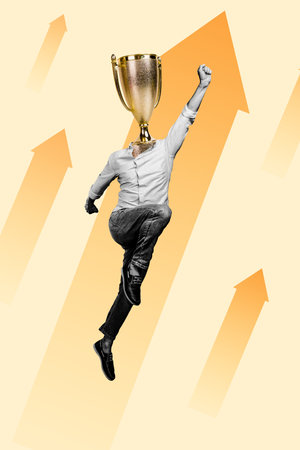 Composite collage image of funny businessman flying golden goblet achieve aim fantasy billboard comics zine minimalの写真素材
