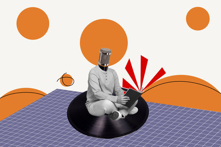 Collage 3d image of pinup pop retro sketch of person microphone instead head audio book record read voice unusual fantasy billboard comicsの写真素材