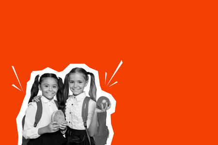 Composite photo collage of two happy girls classmates hold apple fruit sandwich school break lunch...
