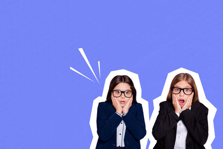 Composite photo collage of two astonished blonde brunette school classmates girls hold head panic...