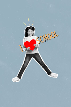 Vertical photo collage of happy pretty girl hold heart valentine day i love school holiday education isolated on painted backgroundの写真素材