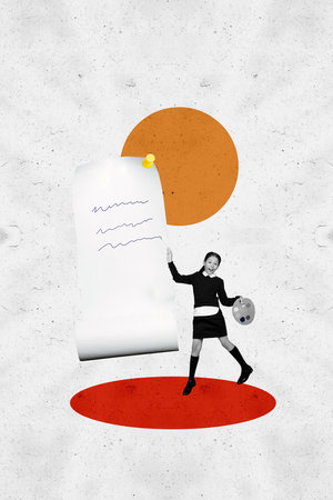 Vertical photo collage of happy schoolgirl draw to do list reminder palette art subject lesson education isolated on painted backgroundの写真素材