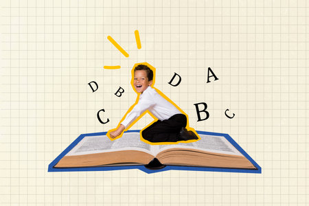 Composite photo collage of happy american boy sit open glossary book letters literature lesson school isolated on painted backgroundの写真素材
