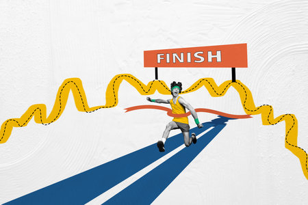 Collage 3d image of pinup pop retro sketch of young man running marathon finish line games sport...