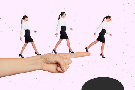 Composite photo collage of smile businesswoman walk hand point direction boss dismissal concept fall isolated on painted backgroundの写真素材