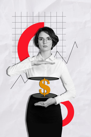 Vertical photo collage of serious businesswoman cut half body dollar symbol earnings graph up profit success isolated on painted backgroundの写真素材