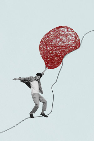 Sketch image trend artwork composite 3D photo collage of blue color backdrop young man walk climb up...