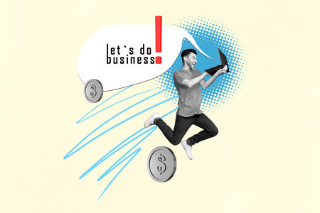 Trend artwork sketch image 3D collage of banner textbox inscription lets do business money silver coin dollar young man run type laptopの写真素材