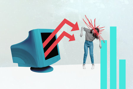 World global fall concept collage of worker girl depressed bankrupt investor lose all her finance...