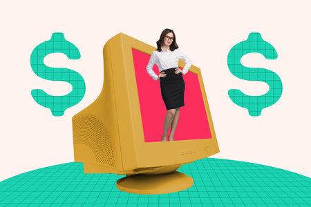 Sketch image composite trend artwork 3D photo collage of young woman office manager appear retro digital display computer workspace dollarの写真素材