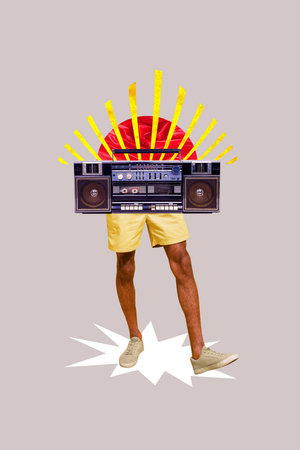 Vertical poster collage headless man legs body fragment audio boombox player stereo music song playlist party leisure drawing backgroundの写真素材