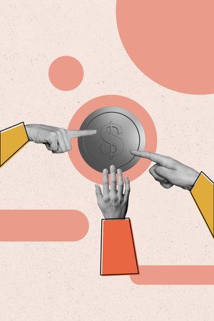 Vertical photo collage of two index finger show coin income usd capital earnings success payment profit isolated on painted backgroundの写真素材