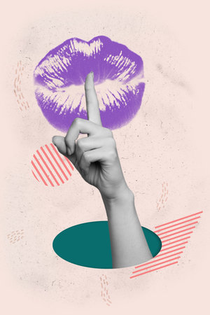 Creative drawing collage poster of person girl put finger lips kiss print ask no share private secretの写真素材