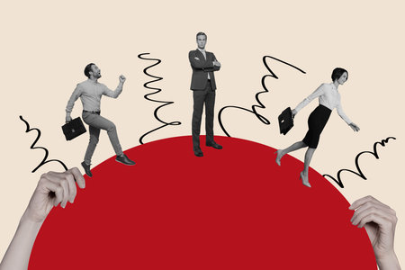 Collage 3d image of pinup pop retro sketch of teamwork career achieve working office process unusual fantasy billboard comicsの写真素材