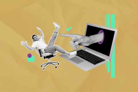 Sketch image composite 3D collage of beige color backdrop silhouette laptop open display young man sir armchair hand appear finger touchの写真素材