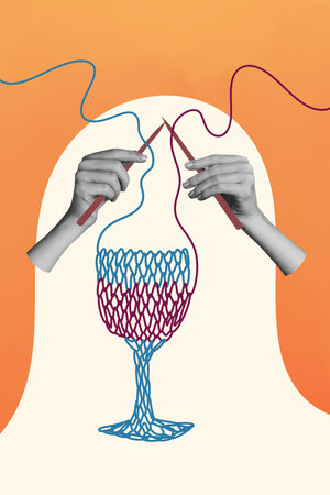 Vertical photo collage of hands hold knitting needles hobby glass beverage martini beverage alcohol...